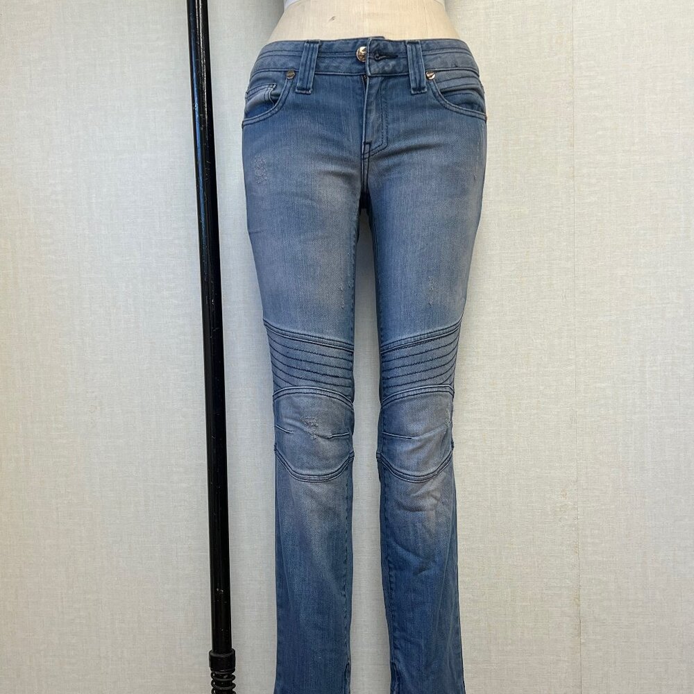 EUC VIntage1 Moto Low Rise Distressed Skinny Ankle Zip Jeans 27 Light Blue